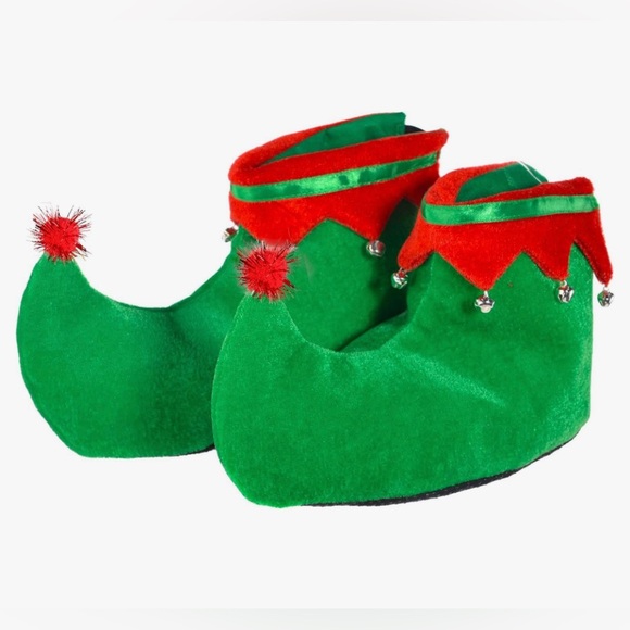 Elf Shoes with Jingle Bells Green & Red Velvet Holiday Feet Slippers for Adults - Picture 1 of 9